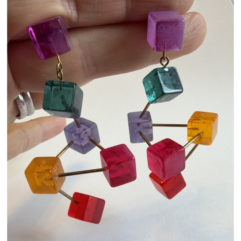 Vintage Retro 70s Lucite Cube Kinetic Sculpture Art Dangle Earrings 2.75" - Picture 1 of 3
